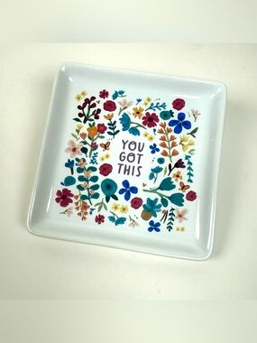 Primitives by Kathy Square “You Got This” Ceramic Floral Vanity Jewelry Tray NWT